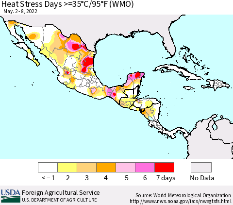 Mexico Central America and the Caribbean Heat Stress Days >=35°C/95°F (WMO) Thematic Map For 5/2/2022 - 5/8/2022