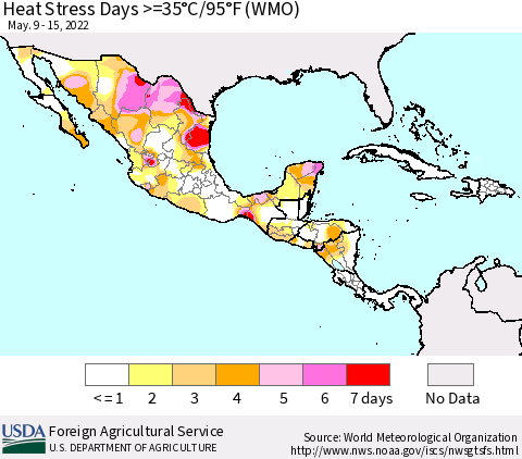 Mexico Central America and the Caribbean Heat Stress Days >=35°C/95°F (WMO) Thematic Map For 5/9/2022 - 5/15/2022