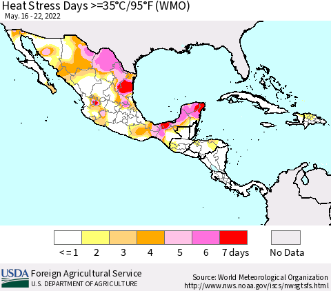 Mexico Central America and the Caribbean Heat Stress Days >=35°C/95°F (WMO) Thematic Map For 5/16/2022 - 5/22/2022