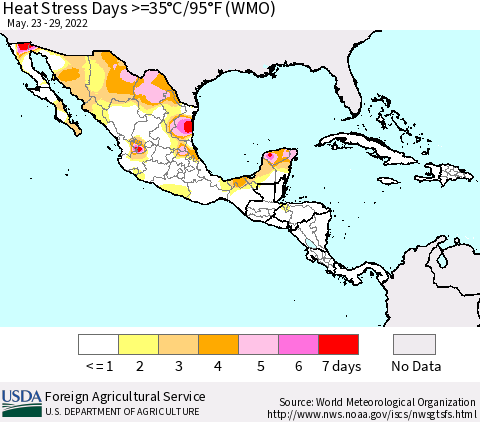 Mexico Central America and the Caribbean Heat Stress Days >=35°C/95°F (WMO) Thematic Map For 5/23/2022 - 5/29/2022