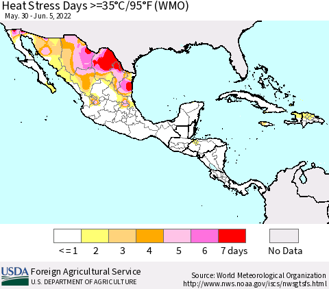 Mexico Central America and the Caribbean Heat Stress Days >=35°C/95°F (WMO) Thematic Map For 5/30/2022 - 6/5/2022