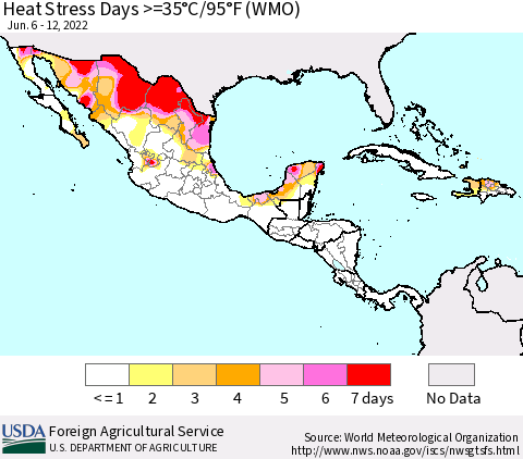 Mexico Central America and the Caribbean Heat Stress Days >=35°C/95°F (WMO) Thematic Map For 6/6/2022 - 6/12/2022