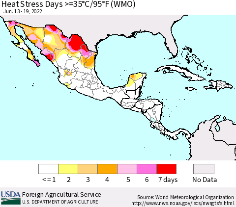 Mexico Central America and the Caribbean Heat Stress Days >=35°C/95°F (WMO) Thematic Map For 6/13/2022 - 6/19/2022