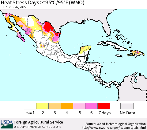 Mexico Central America and the Caribbean Heat Stress Days >=35°C/95°F (WMO) Thematic Map For 6/20/2022 - 6/26/2022