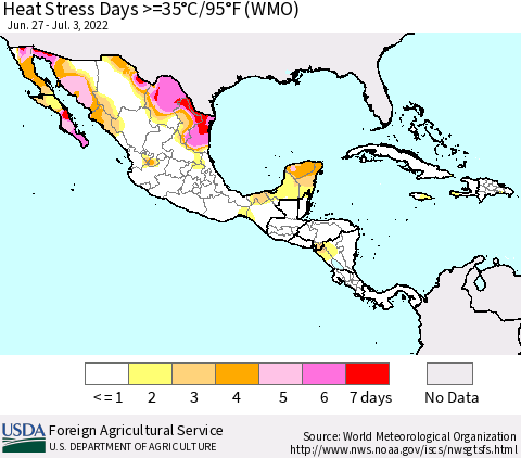 Mexico Central America and the Caribbean Heat Stress Days >=35°C/95°F (WMO) Thematic Map For 6/27/2022 - 7/3/2022