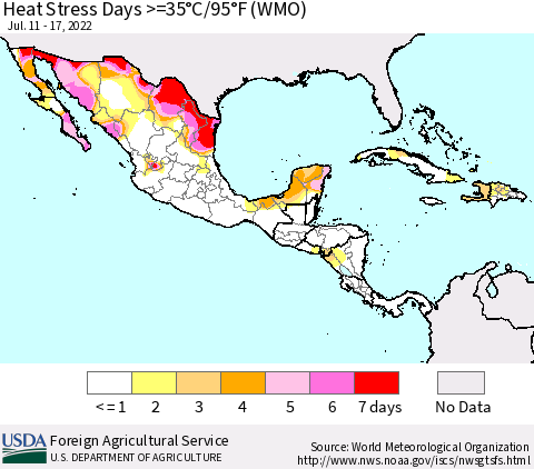 Mexico Central America and the Caribbean Heat Stress Days >=35°C/95°F (WMO) Thematic Map For 7/11/2022 - 7/17/2022