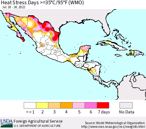 Mexico Central America and the Caribbean Heat Stress Days >=35°C/95°F (WMO) Thematic Map For 7/18/2022 - 7/24/2022
