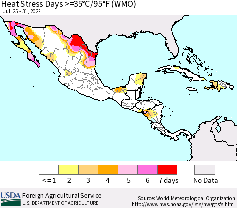 Mexico Central America and the Caribbean Heat Stress Days >=35°C/95°F (WMO) Thematic Map For 7/25/2022 - 7/31/2022