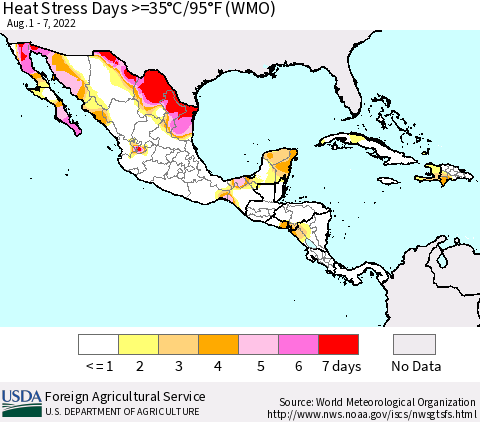 Mexico Central America and the Caribbean Heat Stress Days >=35°C/95°F (WMO) Thematic Map For 8/1/2022 - 8/7/2022