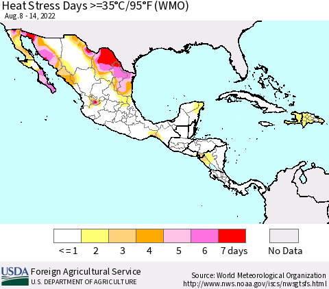 Mexico Central America and the Caribbean Heat Stress Days >=35°C/95°F (WMO) Thematic Map For 8/8/2022 - 8/14/2022
