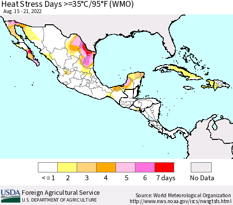 Mexico Central America and the Caribbean Heat Stress Days >=35°C/95°F (WMO) Thematic Map For 8/15/2022 - 8/21/2022