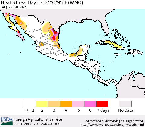 Mexico Central America and the Caribbean Heat Stress Days >=35°C/95°F (WMO) Thematic Map For 8/22/2022 - 8/28/2022