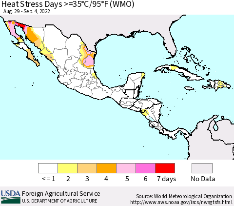 Mexico Central America and the Caribbean Heat Stress Days >=35°C/95°F (WMO) Thematic Map For 8/29/2022 - 9/4/2022