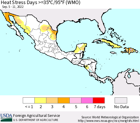 Mexico Central America and the Caribbean Heat Stress Days >=35°C/95°F (WMO) Thematic Map For 9/5/2022 - 9/11/2022