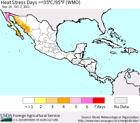 Mexico Central America and the Caribbean Heat Stress Days >=35°C/95°F (WMO) Thematic Map For 9/26/2022 - 10/2/2022