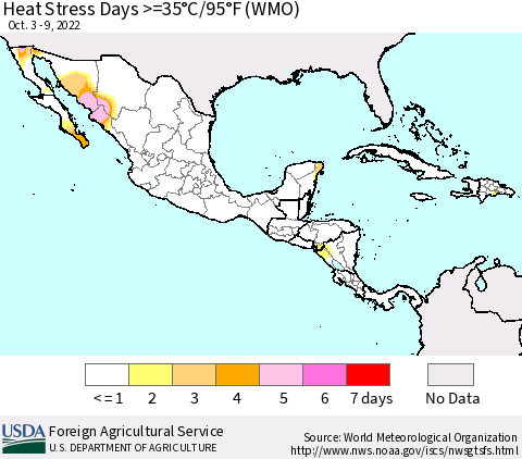 Mexico Central America and the Caribbean Heat Stress Days >=35°C/95°F (WMO) Thematic Map For 10/3/2022 - 10/9/2022