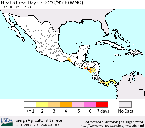 Mexico Central America and the Caribbean Heat Stress Days >=35°C/95°F (WMO) Thematic Map For 1/30/2023 - 2/5/2023