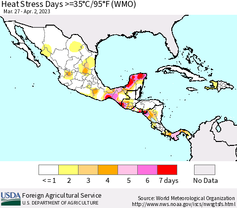 Mexico Central America and the Caribbean Heat Stress Days >=35°C/95°F (WMO) Thematic Map For 3/27/2023 - 4/2/2023