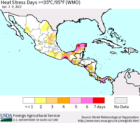 Mexico Central America and the Caribbean Heat Stress Days >=35°C/95°F (WMO) Thematic Map For 4/3/2023 - 4/9/2023