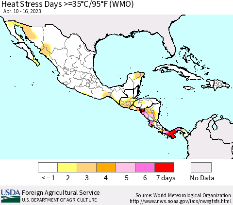 Mexico Central America and the Caribbean Heat Stress Days >=35°C/95°F (WMO) Thematic Map For 4/10/2023 - 4/16/2023