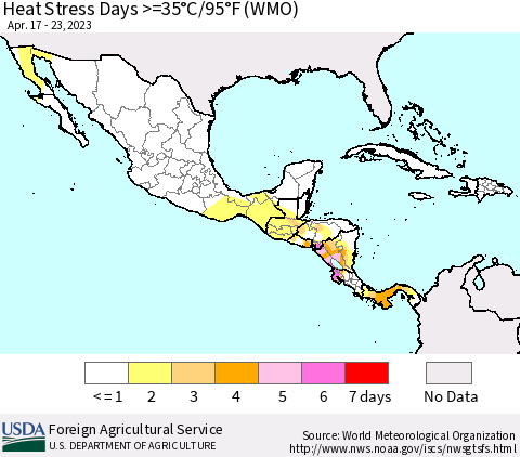 Mexico Central America and the Caribbean Heat Stress Days >=35°C/95°F (WMO) Thematic Map For 4/17/2023 - 4/23/2023