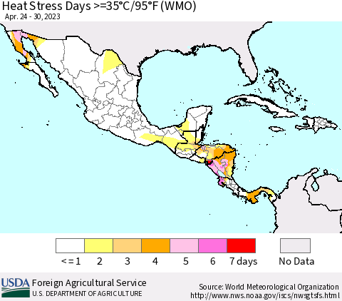 Mexico Central America and the Caribbean Heat Stress Days >=35°C/95°F (WMO) Thematic Map For 4/24/2023 - 4/30/2023