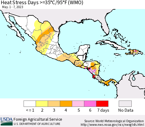 Mexico Central America and the Caribbean Heat Stress Days >=35°C/95°F (WMO) Thematic Map For 5/1/2023 - 5/7/2023