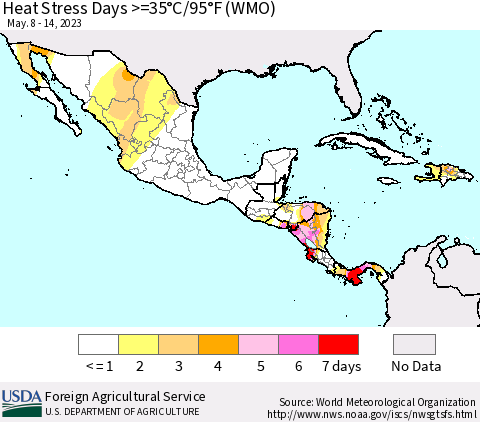 Mexico Central America and the Caribbean Heat Stress Days >=35°C/95°F (WMO) Thematic Map For 5/8/2023 - 5/14/2023