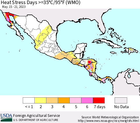 Mexico Central America and the Caribbean Heat Stress Days >=35°C/95°F (WMO) Thematic Map For 5/15/2023 - 5/21/2023