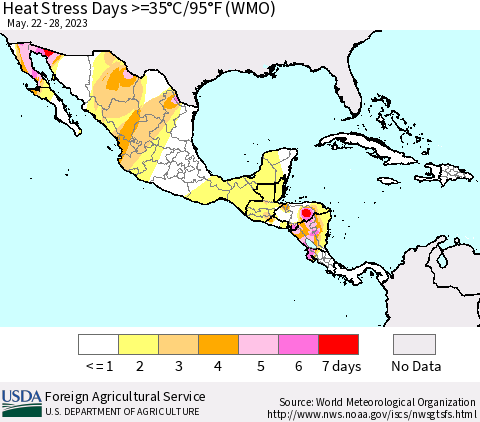 Mexico Central America and the Caribbean Heat Stress Days >=35°C/95°F (WMO) Thematic Map For 5/22/2023 - 5/28/2023