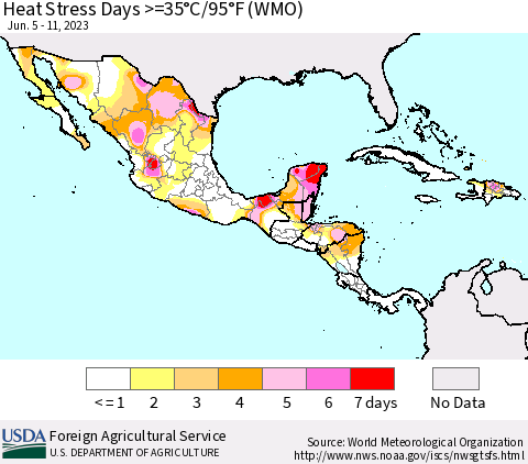Mexico Central America and the Caribbean Heat Stress Days >=35°C/95°F (WMO) Thematic Map For 6/5/2023 - 6/11/2023