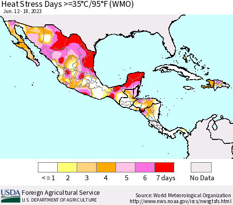 Mexico Central America and the Caribbean Heat Stress Days >=35°C/95°F (WMO) Thematic Map For 6/12/2023 - 6/18/2023