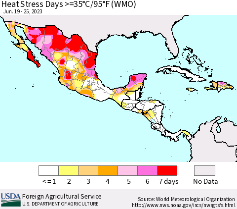 Mexico Central America and the Caribbean Heat Stress Days >=35°C/95°F (WMO) Thematic Map For 6/19/2023 - 6/25/2023