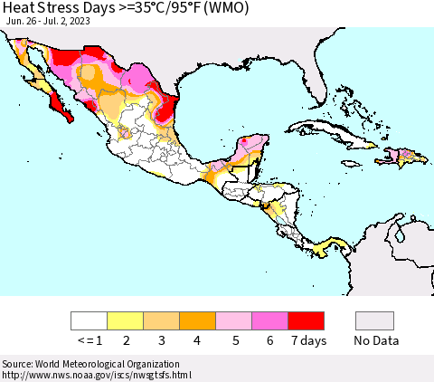 Mexico Central America and the Caribbean Heat Stress Days >=35°C/95°F (WMO) Thematic Map For 6/26/2023 - 7/2/2023