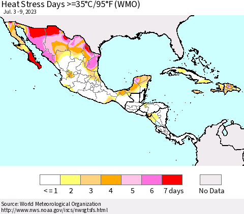 Mexico Central America and the Caribbean Heat Stress Days >=35°C/95°F (WMO) Thematic Map For 7/3/2023 - 7/9/2023