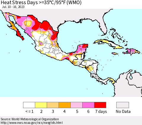 Mexico Central America and the Caribbean Heat Stress Days >=35°C/95°F (WMO) Thematic Map For 7/10/2023 - 7/16/2023