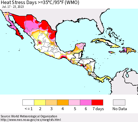 Mexico Central America and the Caribbean Heat Stress Days >=35°C/95°F (WMO) Thematic Map For 7/17/2023 - 7/23/2023