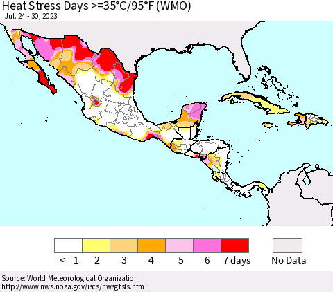 Mexico Central America and the Caribbean Heat Stress Days >=35°C/95°F (WMO) Thematic Map For 7/24/2023 - 7/30/2023