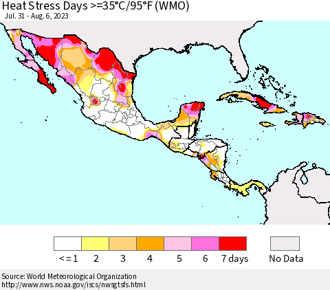 Mexico Central America and the Caribbean Heat Stress Days >=35°C/95°F (WMO) Thematic Map For 7/31/2023 - 8/6/2023