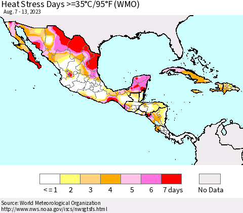 Mexico Central America and the Caribbean Heat Stress Days >=35°C/95°F (WMO) Thematic Map For 8/7/2023 - 8/13/2023