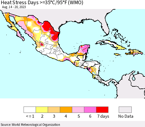 Mexico Central America and the Caribbean Heat Stress Days >=35°C/95°F (WMO) Thematic Map For 8/14/2023 - 8/20/2023