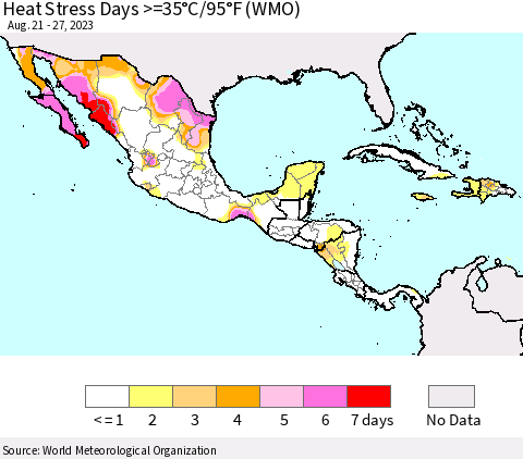 Mexico Central America and the Caribbean Heat Stress Days >=35°C/95°F (WMO) Thematic Map For 8/21/2023 - 8/27/2023