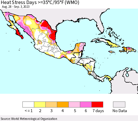 Mexico Central America and the Caribbean Heat Stress Days >=35°C/95°F (WMO) Thematic Map For 8/28/2023 - 9/3/2023