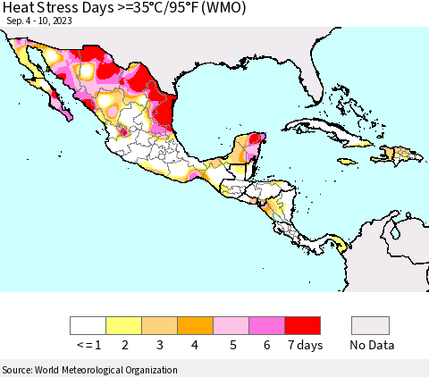 Mexico Central America and the Caribbean Heat Stress Days >=35°C/95°F (WMO) Thematic Map For 9/4/2023 - 9/10/2023