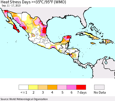 Mexico Central America and the Caribbean Heat Stress Days >=35°C/95°F (WMO) Thematic Map For 9/11/2023 - 9/17/2023
