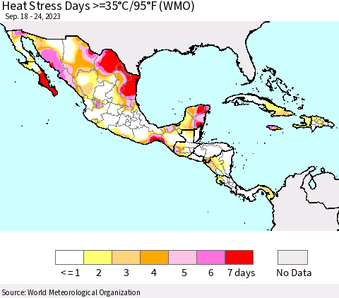 Mexico Central America and the Caribbean Heat Stress Days >=35°C/95°F (WMO) Thematic Map For 9/18/2023 - 9/24/2023