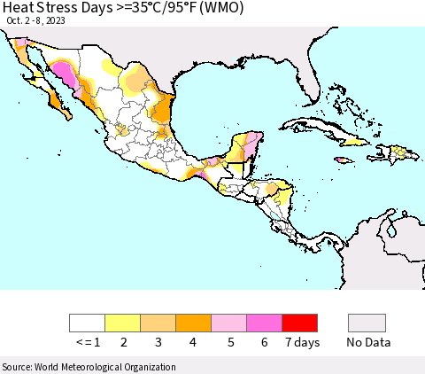 Mexico Central America and the Caribbean Heat Stress Days >=35°C/95°F (WMO) Thematic Map For 10/2/2023 - 10/8/2023