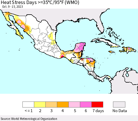 Mexico Central America and the Caribbean Heat Stress Days >=35°C/95°F (WMO) Thematic Map For 10/9/2023 - 10/15/2023