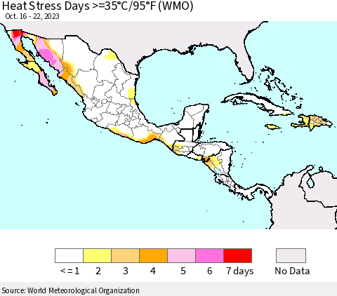 Mexico Central America and the Caribbean Heat Stress Days >=35°C/95°F (WMO) Thematic Map For 10/16/2023 - 10/22/2023