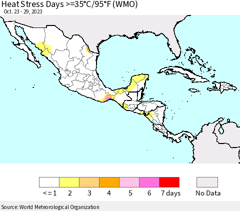 Mexico Central America and the Caribbean Heat Stress Days >=35°C/95°F (WMO) Thematic Map For 10/23/2023 - 10/29/2023